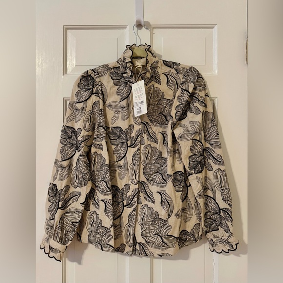 Sezane Cendrine Shirt Ecru With Black Embroidered Flowers - Size 8 - Picture 5 of 6